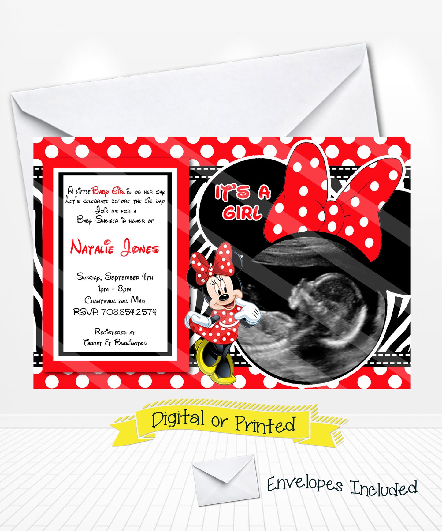 Red Minnie Mouse Baby Shower Invitations