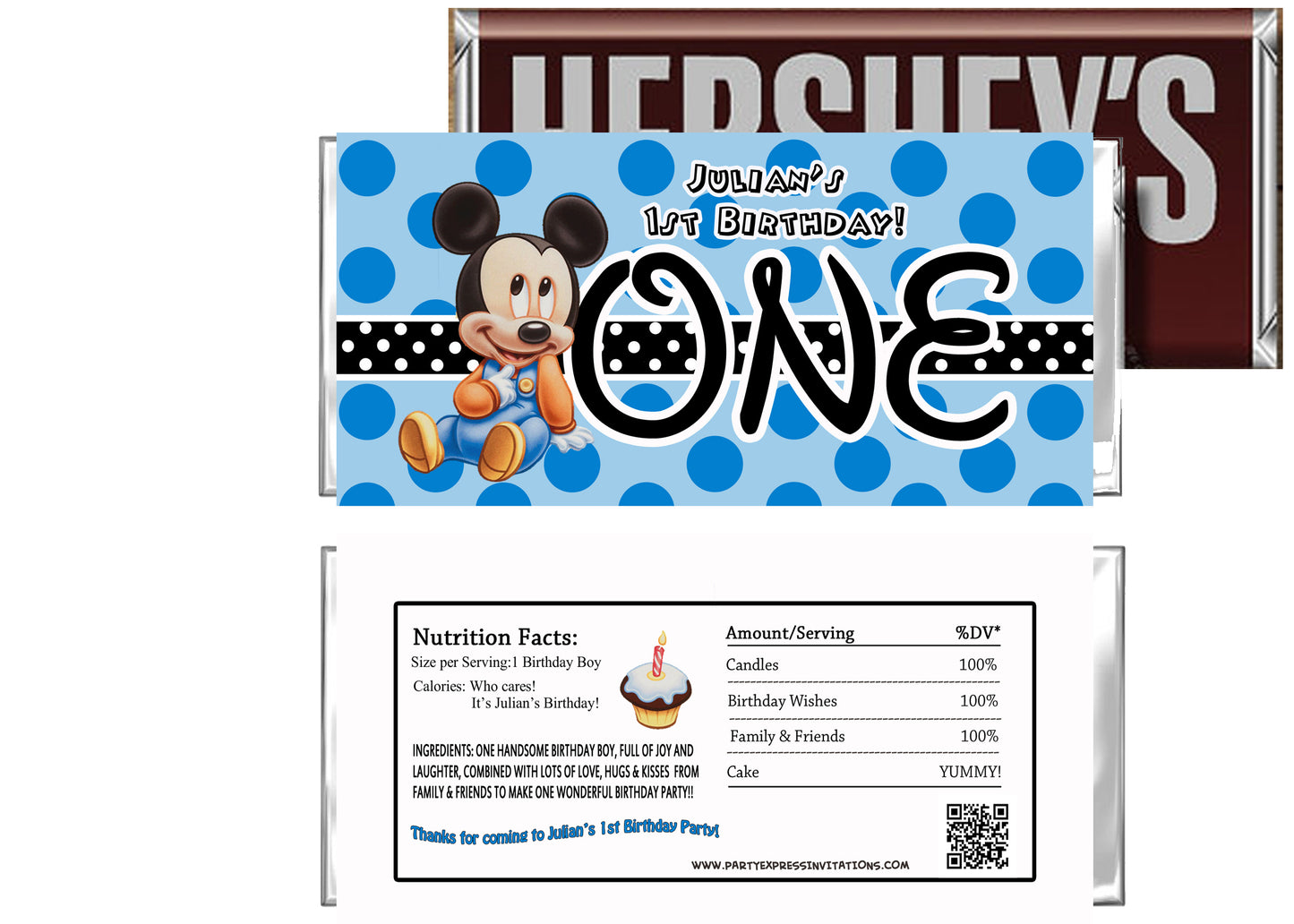 Baby Mickey 1st Birthday Candy Bar Wrapper
