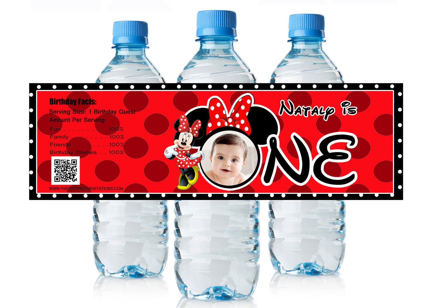 Red Minnie 1st Birthday Water Bottle Labels