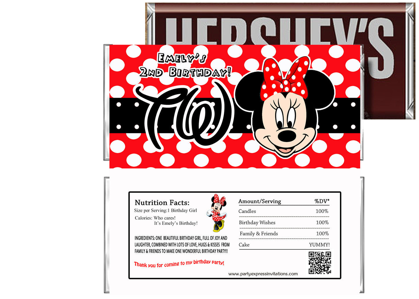 Red Minnie 2nd Birthday Party Candy Bar Wrappers