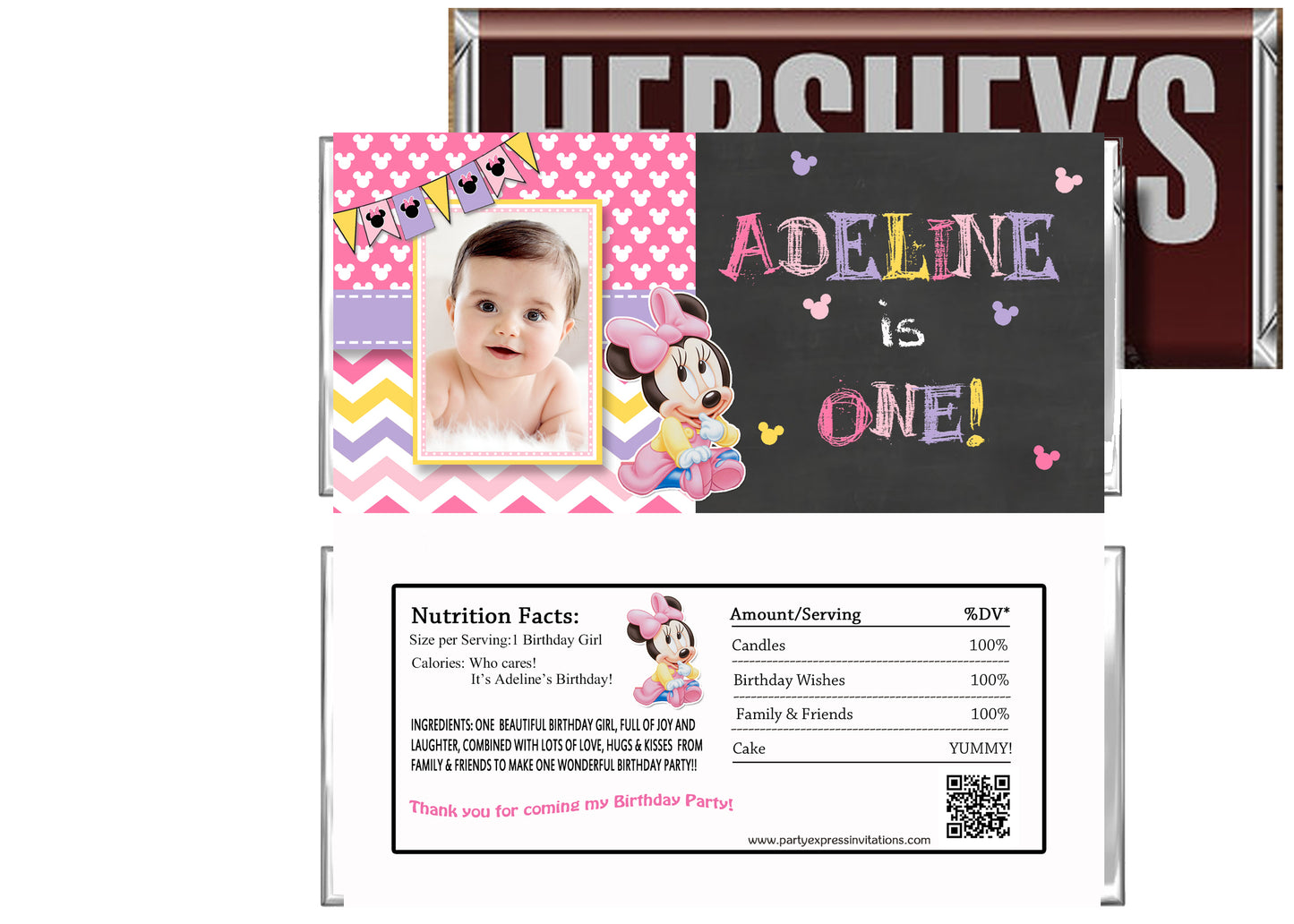 Chalkboard minnie mouse 1st birthday candy bar wrappers