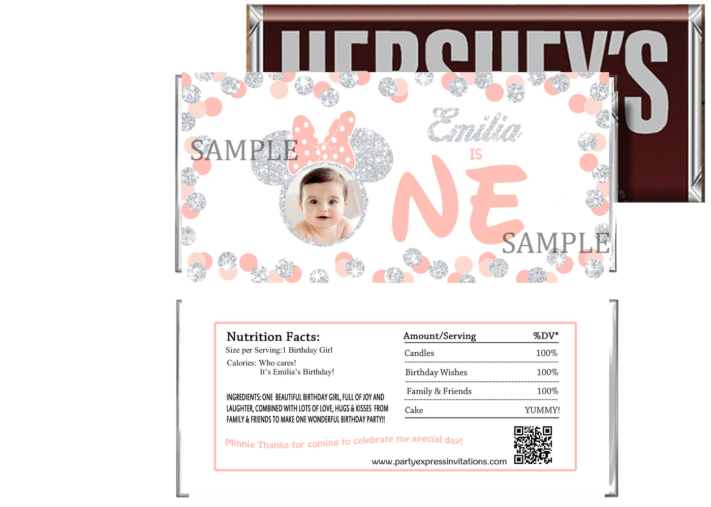 Minnie 1st Birthday Silver Glitter Candy Bar Wrapper