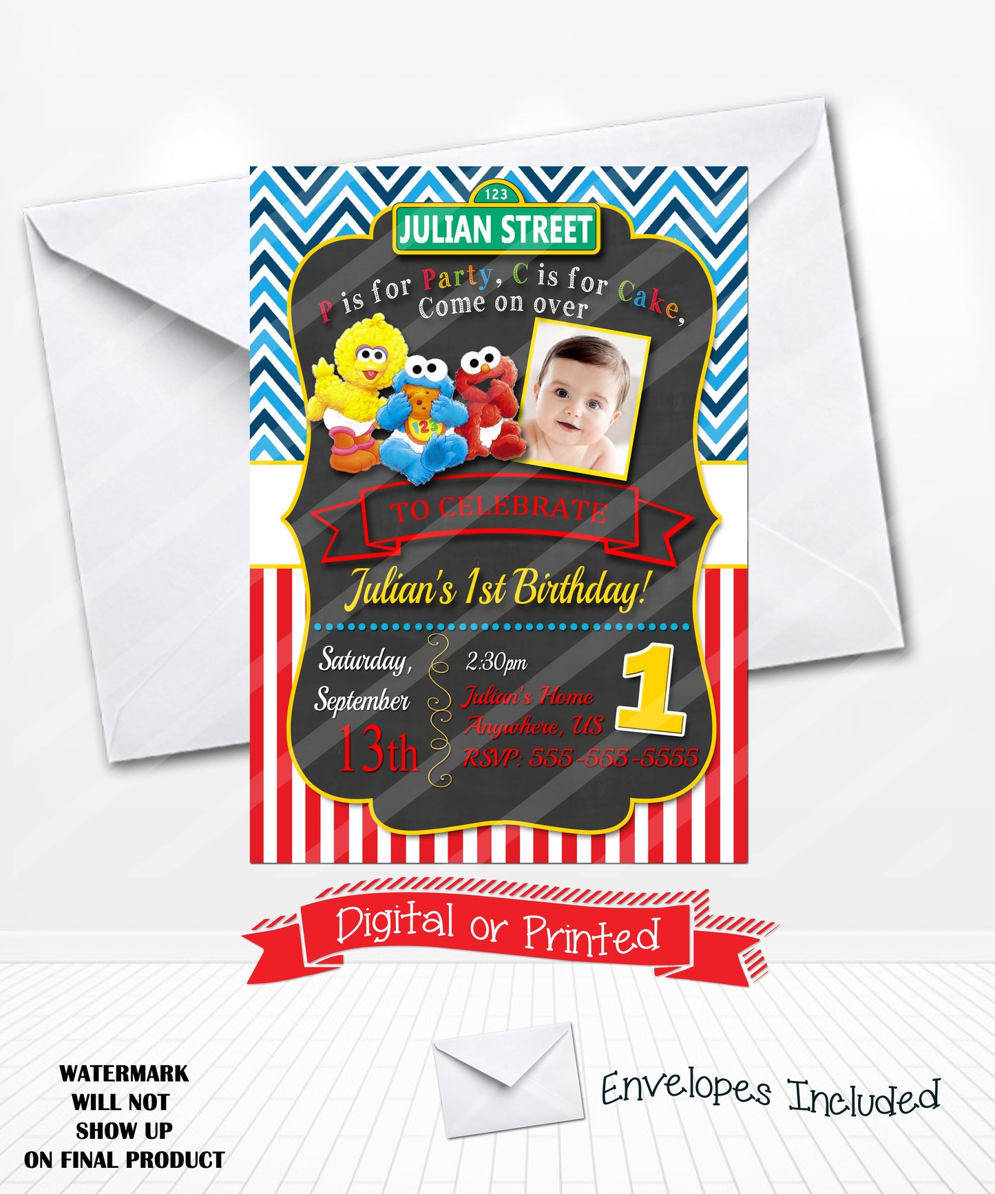 Baby Sesame Street Elmo Chalkboard Birthday Invitations