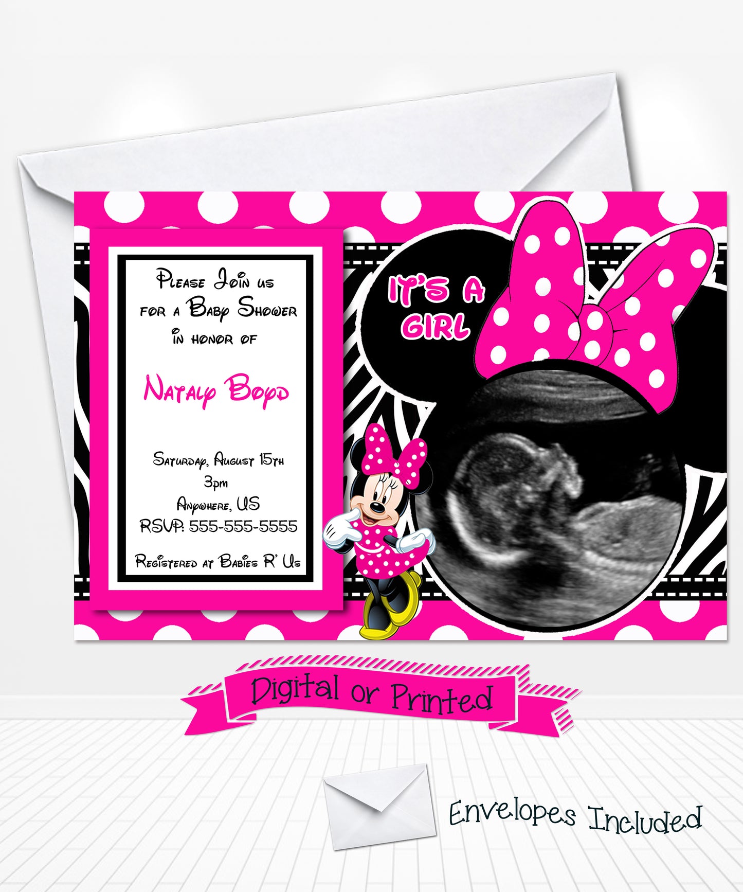 Hot Pink Minnie Mouse Baby shower invitations