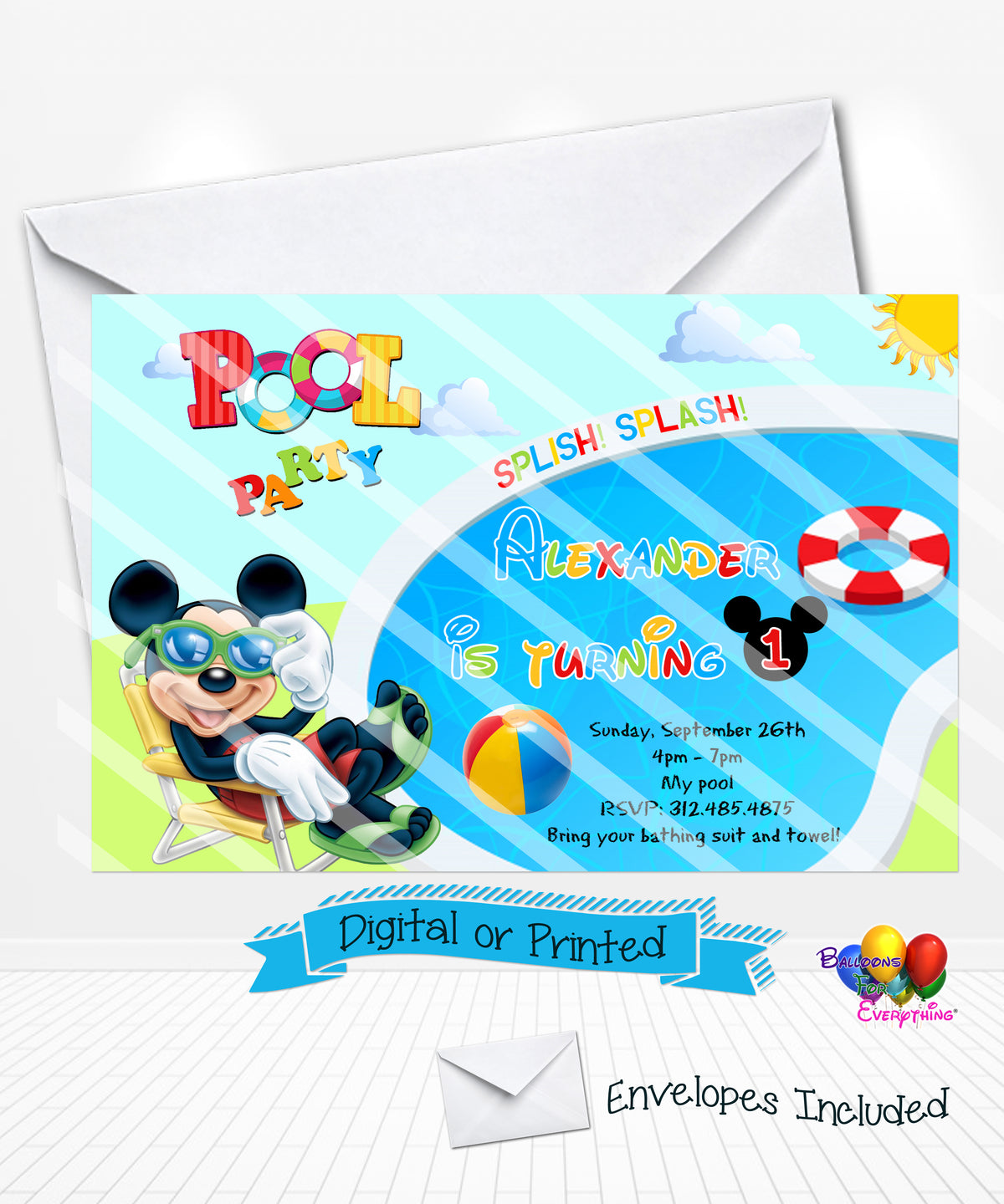 Mickey Mouse Pool Party Birthday Invitation