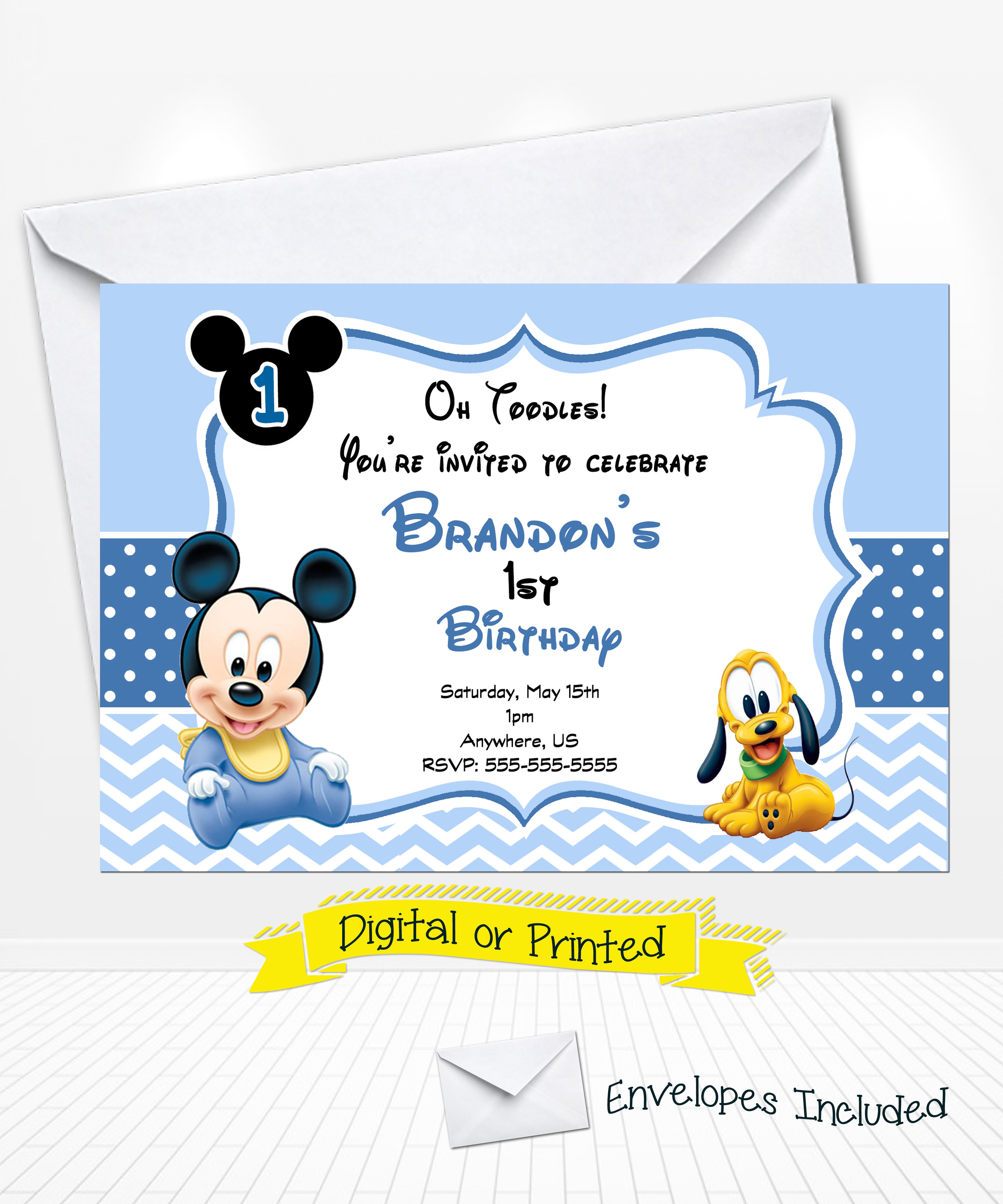 Mickey Mouse 1st Birthday Card Birthday Invitation Ecard Mickey Mouse