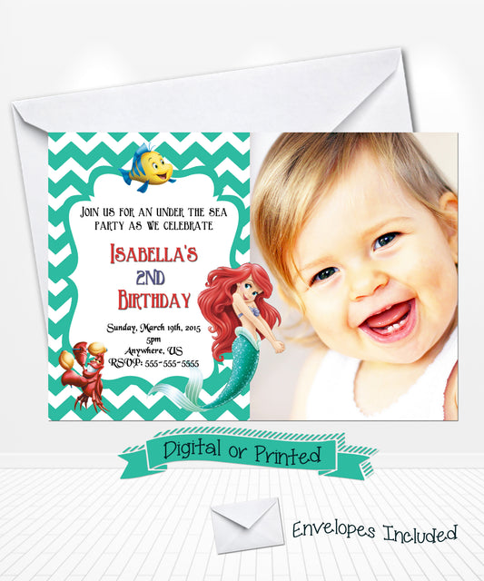 Little Mermaid Ariel Birthday Chevron Invitations