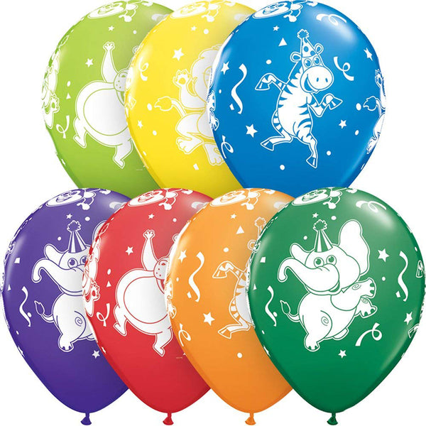 11" Party Animals Elephant Lion Money Assorted Color Latex Balloons
