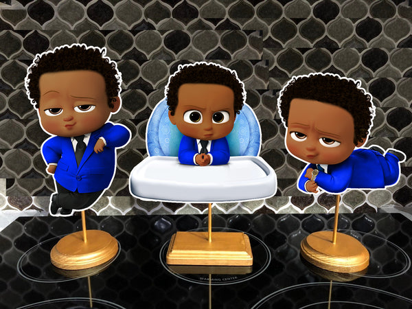 Afro Dark Skinned Blue Boss Baby Birthday Party Centerpieces