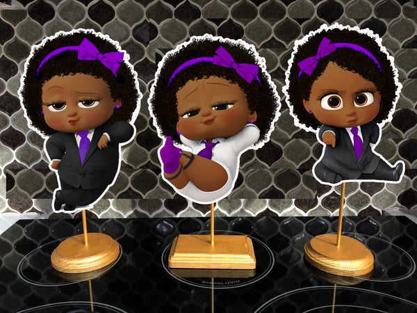 Afro American Boss Baby Purple Baby Shower centerpieces