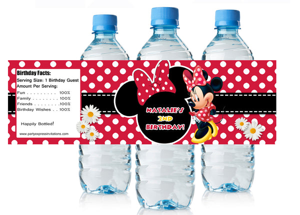 Red Minnie Mouse Birthday Water Bottle Labels