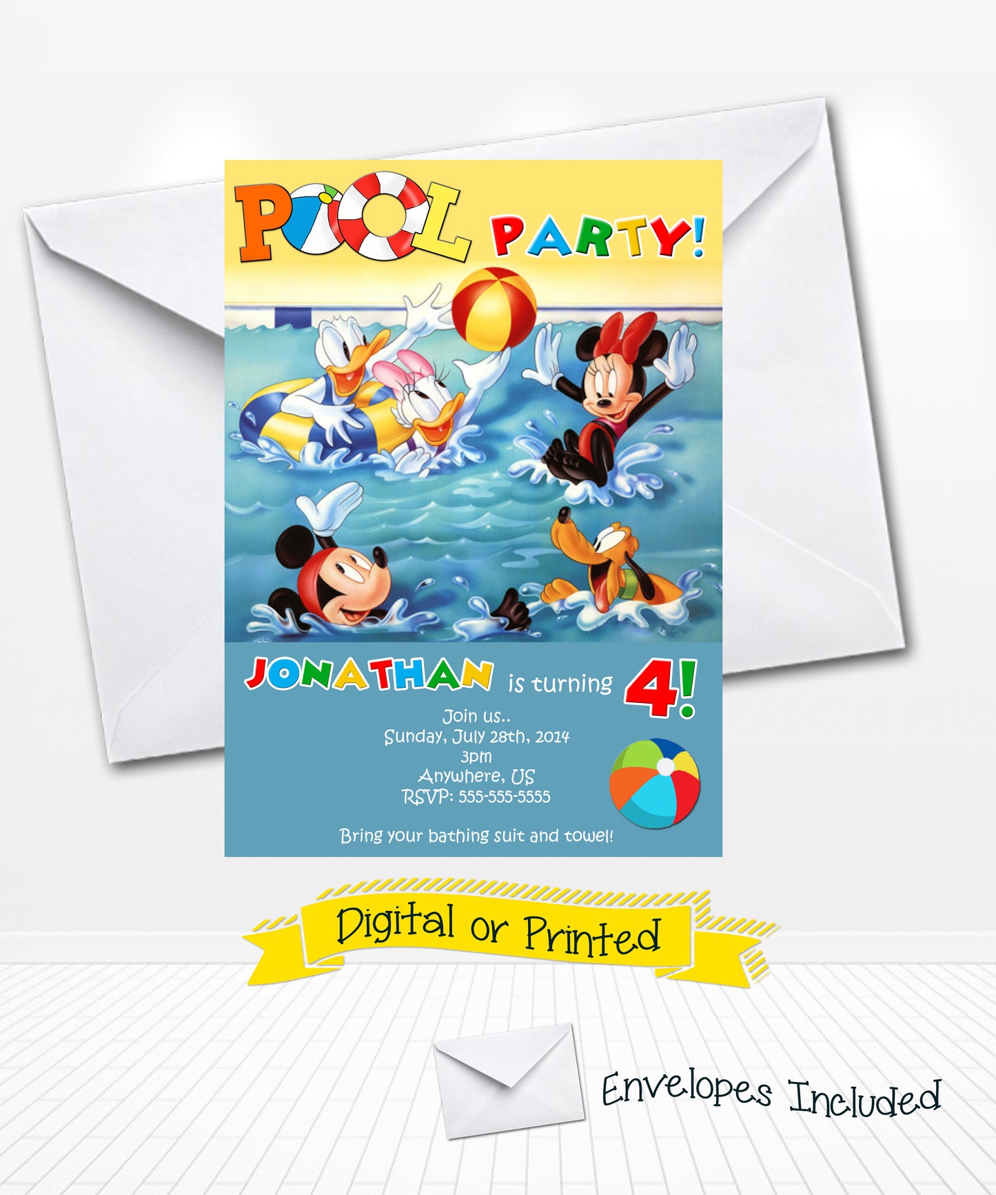 Mickey and Pals Pool Party Birthday Invitations