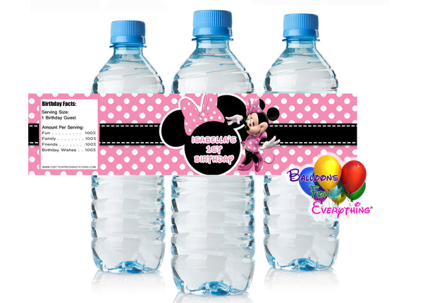 Pink Minnie Mouse Birthday Water Bottle Labels