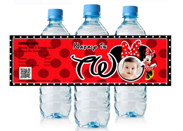 Red Minnie Mouse 2nd Birthday Water Bottle Labels 