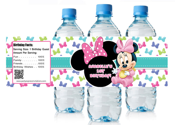 Baby Minnie Birthday Water Bottle Wrappers