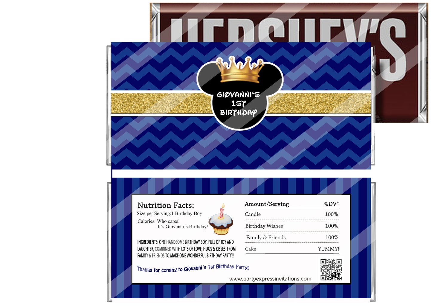Prince Mickey Mouse 1st Birthday Candy Bar Wrappers