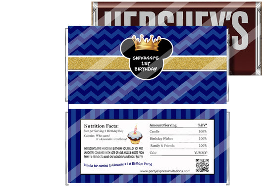 Prince Mickey Mouse 1st Birthday Candy Bar Wrappers