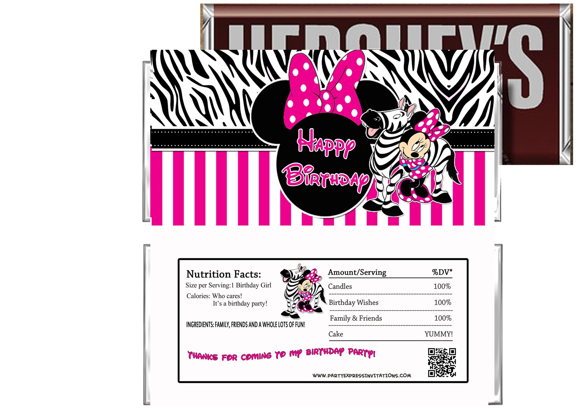 Hot Pink Minnie Mouse Birthday Zebra Print Candy Bar Wrappers