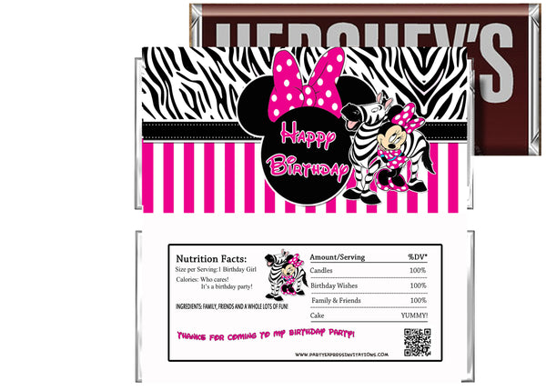 Hot Pink Minnie Mouse Birthday Zebra Print Candy Bar Wrappers