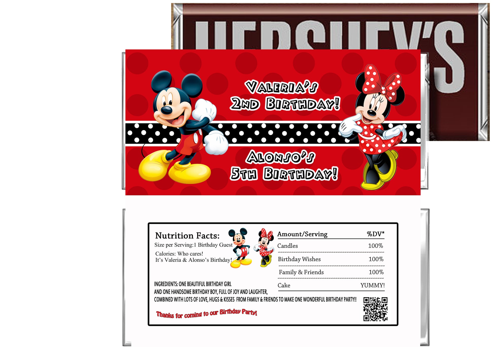 Twins Mickey Minnie Birthday Candy Bar Wrappers