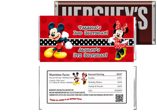 Twins Mickey Minnie Birthday Candy Bar Wrappers