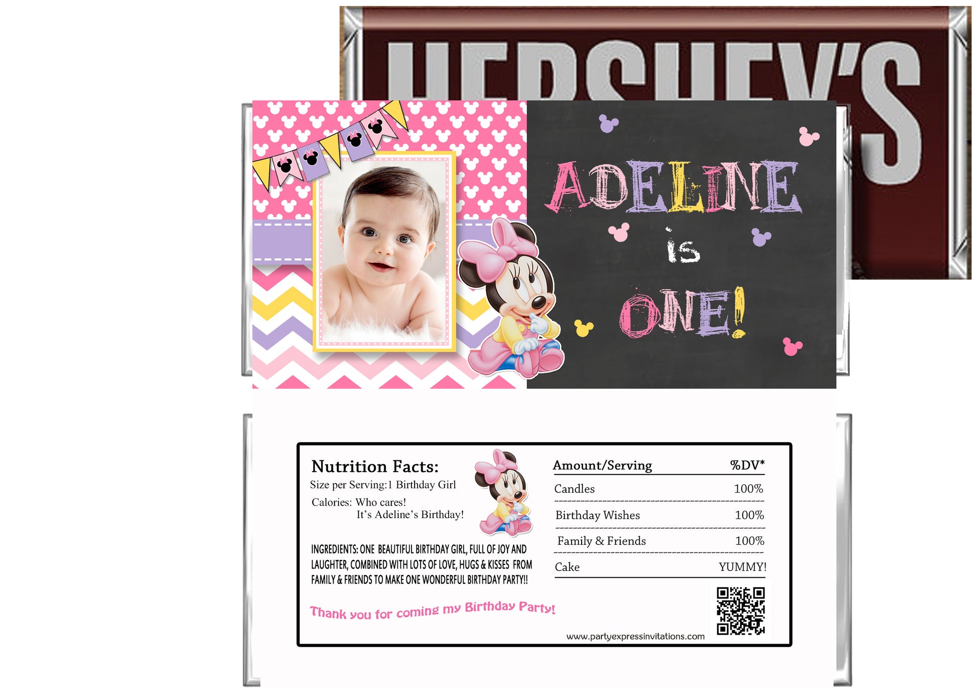 Chalkboard minnie mouse 1st birthday candy bar wrappers