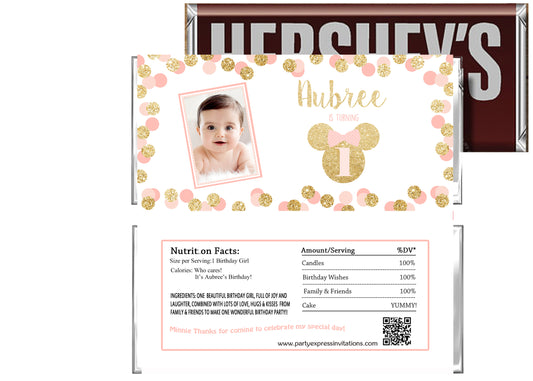 Minnie gold glitter birthday candy bar wrapper