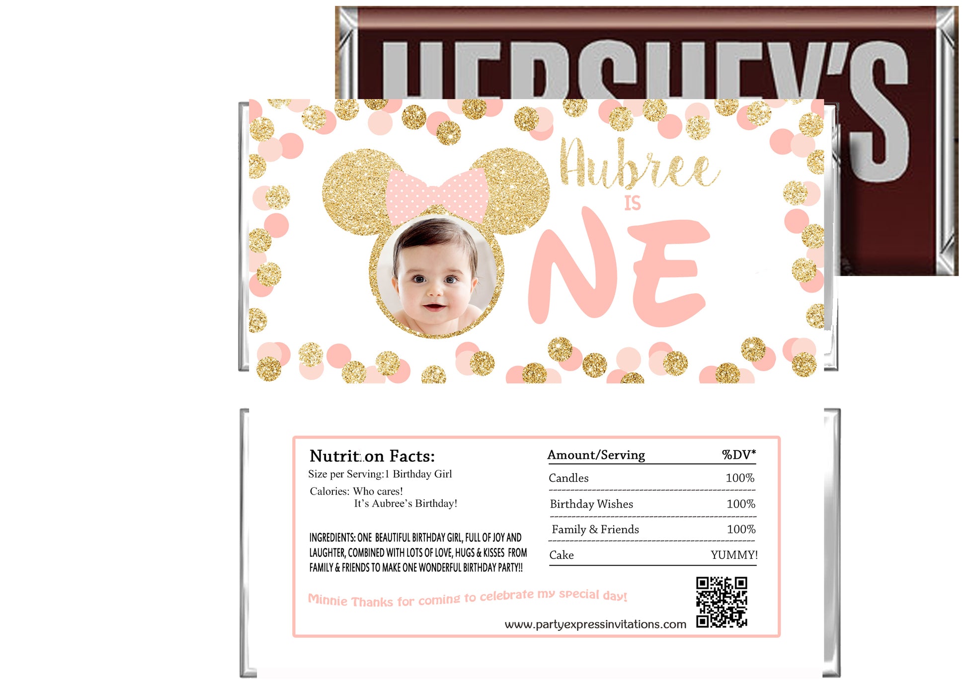 Minnie Mouse 1st Birthday gold glitter candy wrapper