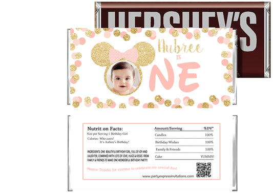 Minnie Mouse 1st Birthday gold glitter candy wrapper