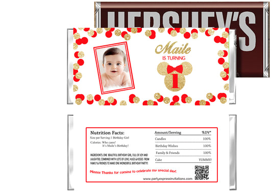 minnie mouse red gold glitter candy bar wrappers