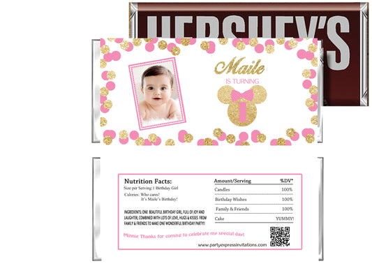 Minnie Pink Gold Glitter Birthday Candy Bar Wrapper