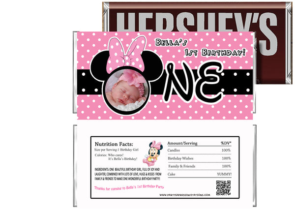 Baby Minnie 1st Birthday Candy Bar Wrappers