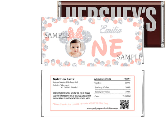 Minnie 1st Birthday Silver Glitter Candy Bar Wrapper