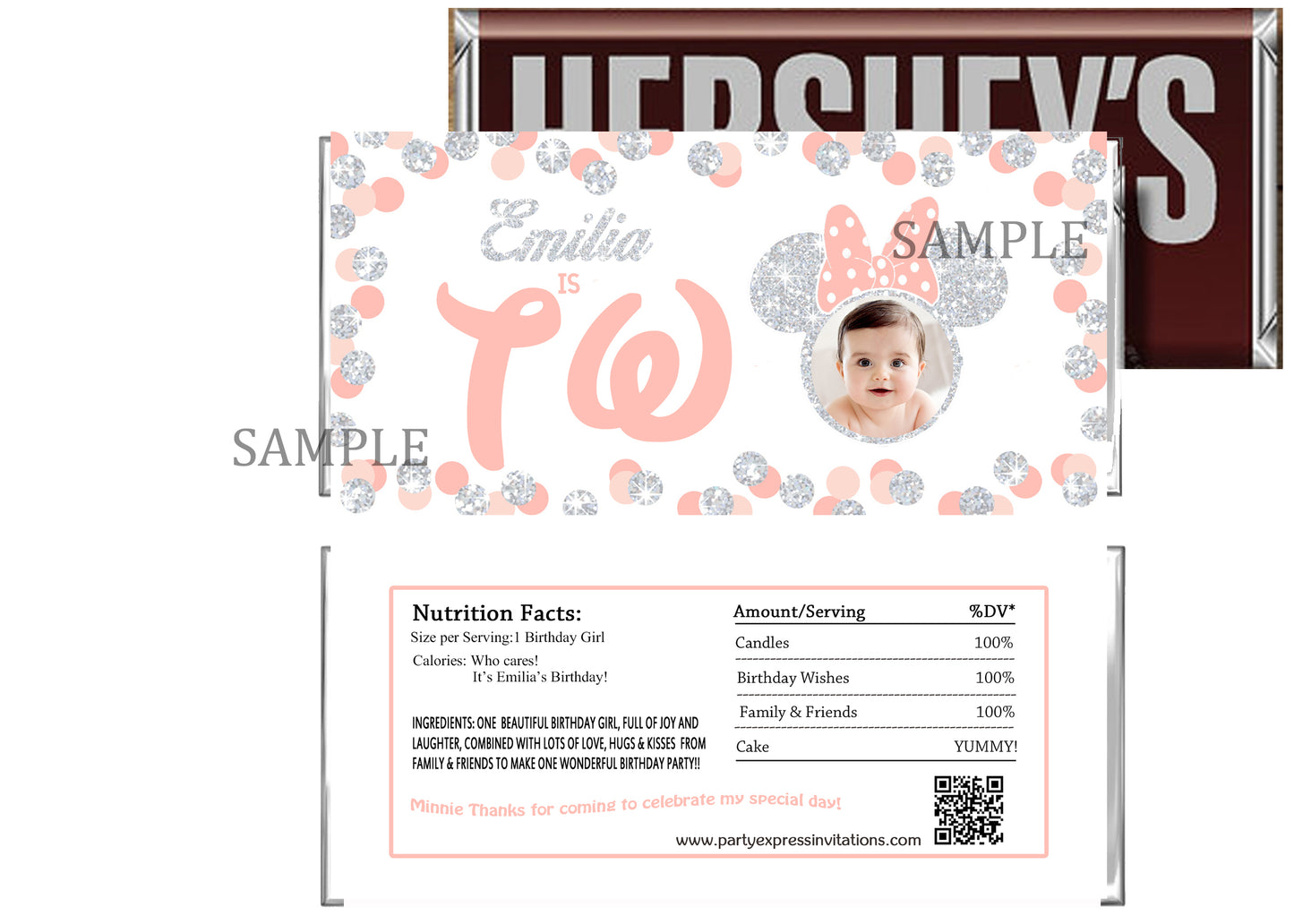 Minnie 2nd Birthday Silver Glitter Candy Bar Wrappers