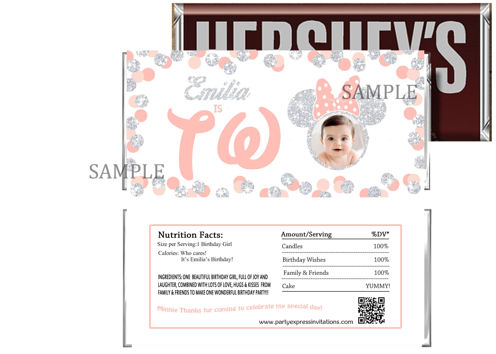Minnie 2nd Birthday Silver Glitter Candy Bar Wrappers