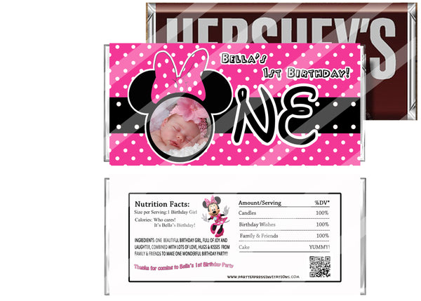 Hot pink Minnie Mouse Birthday Candy Bar Wrappers