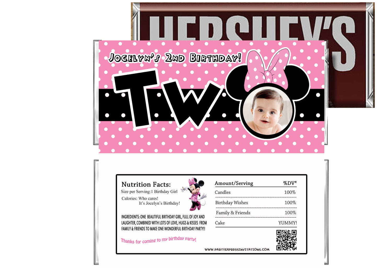 Pink Minnie 2nd Birthday Party Candy Bar Wrappers