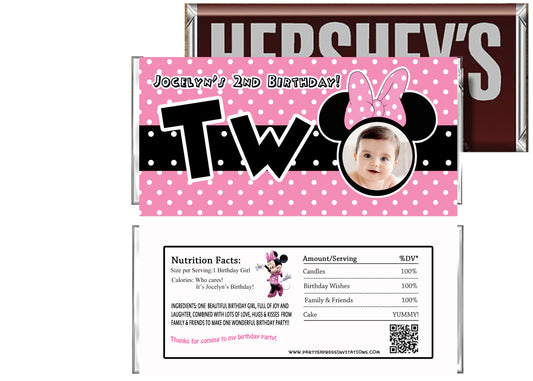 Pink Minnie 2nd Birthday Party Candy Bar Wrappers