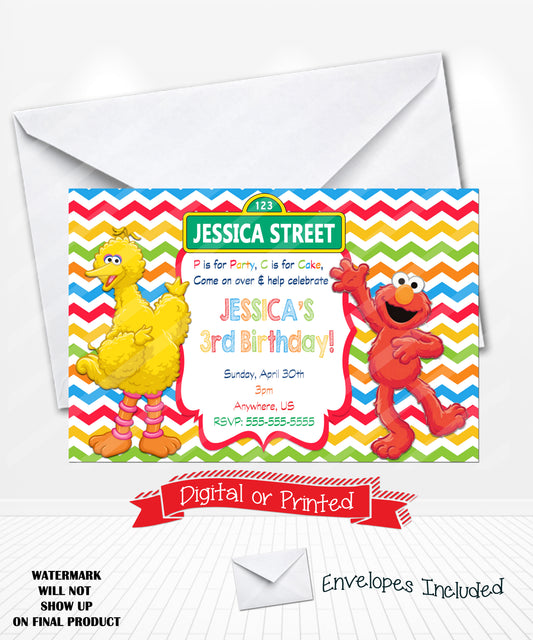Elmo Birthday Invitations Chevron