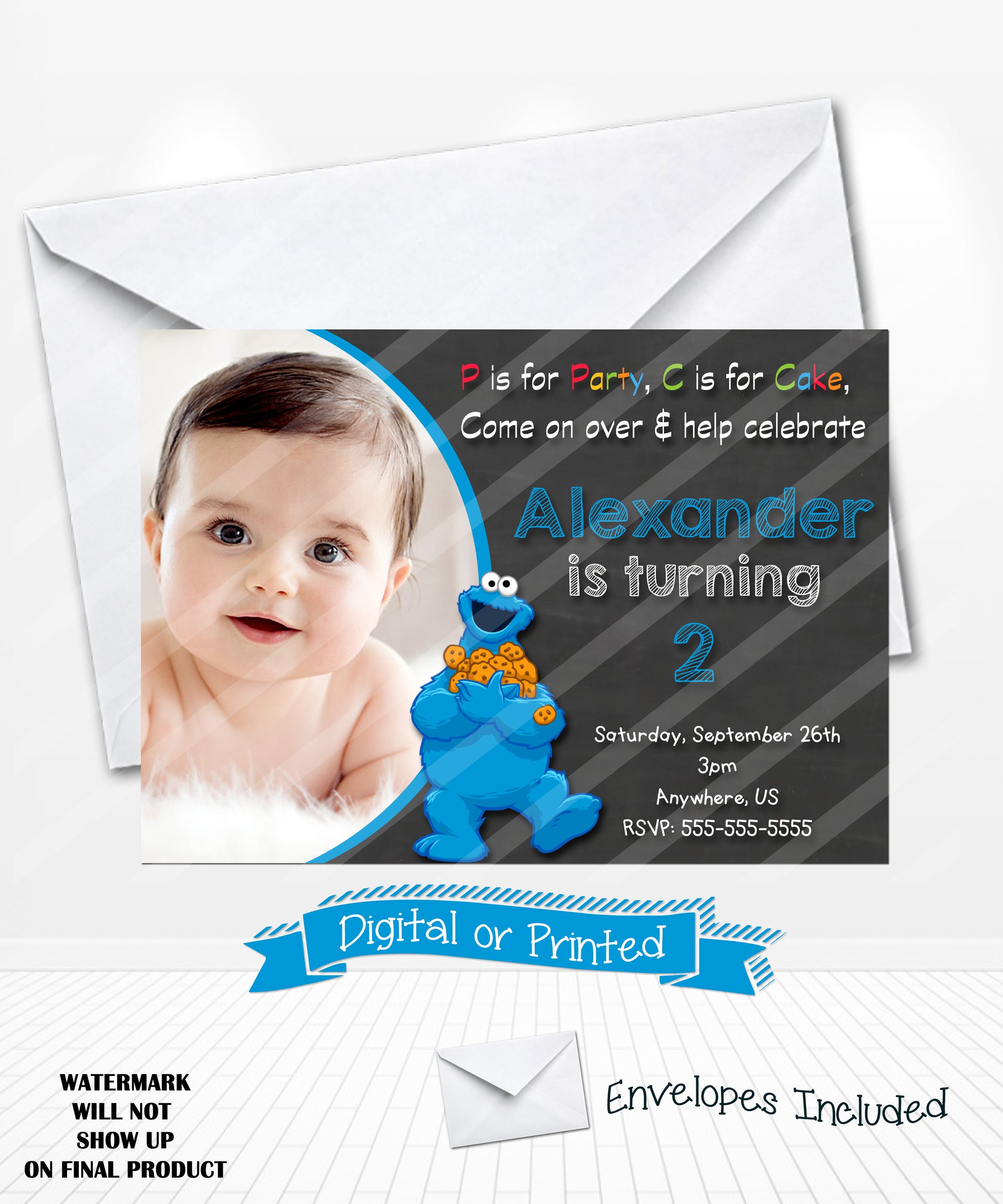 Chalkboard Cookie Monster Birthday Invitations Sesame Street