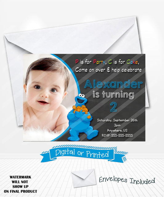 Chalkboard Cookie Monster Birthday Invitations Sesame Street