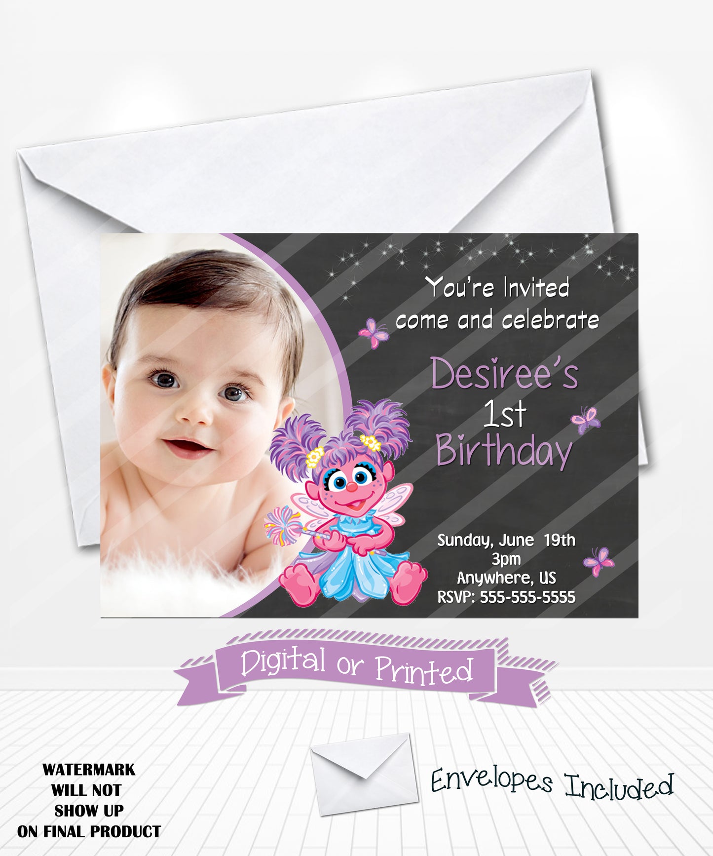 Chalkboard Abby Caddaby Birthday Invitations Sesame Street