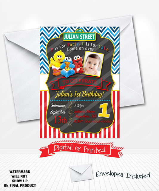 Baby Sesame Street Elmo Chalkboard Birthday Invitations
