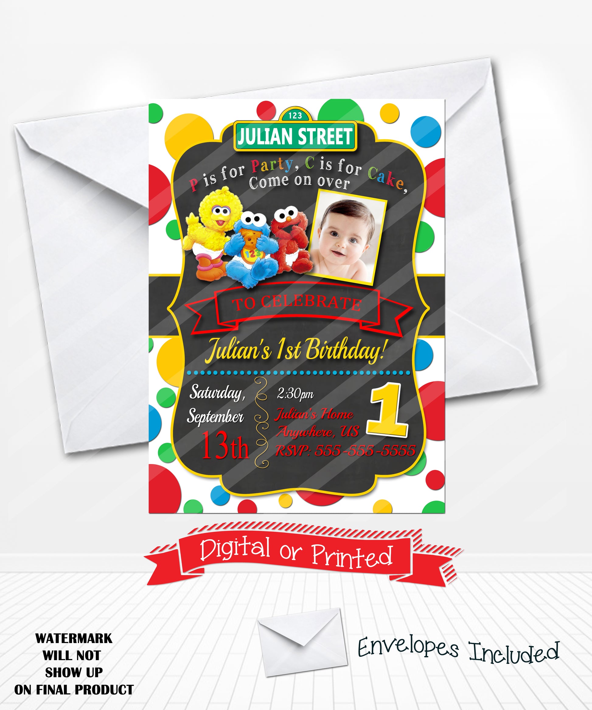 Baby Sesame Street Birthday Digital Invitations Chalkboard
