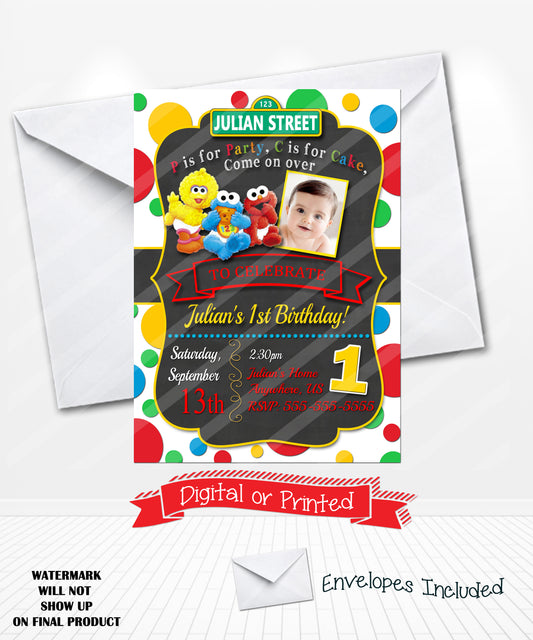 Baby Sesame Street Birthday Digital Invitations Chalkboard