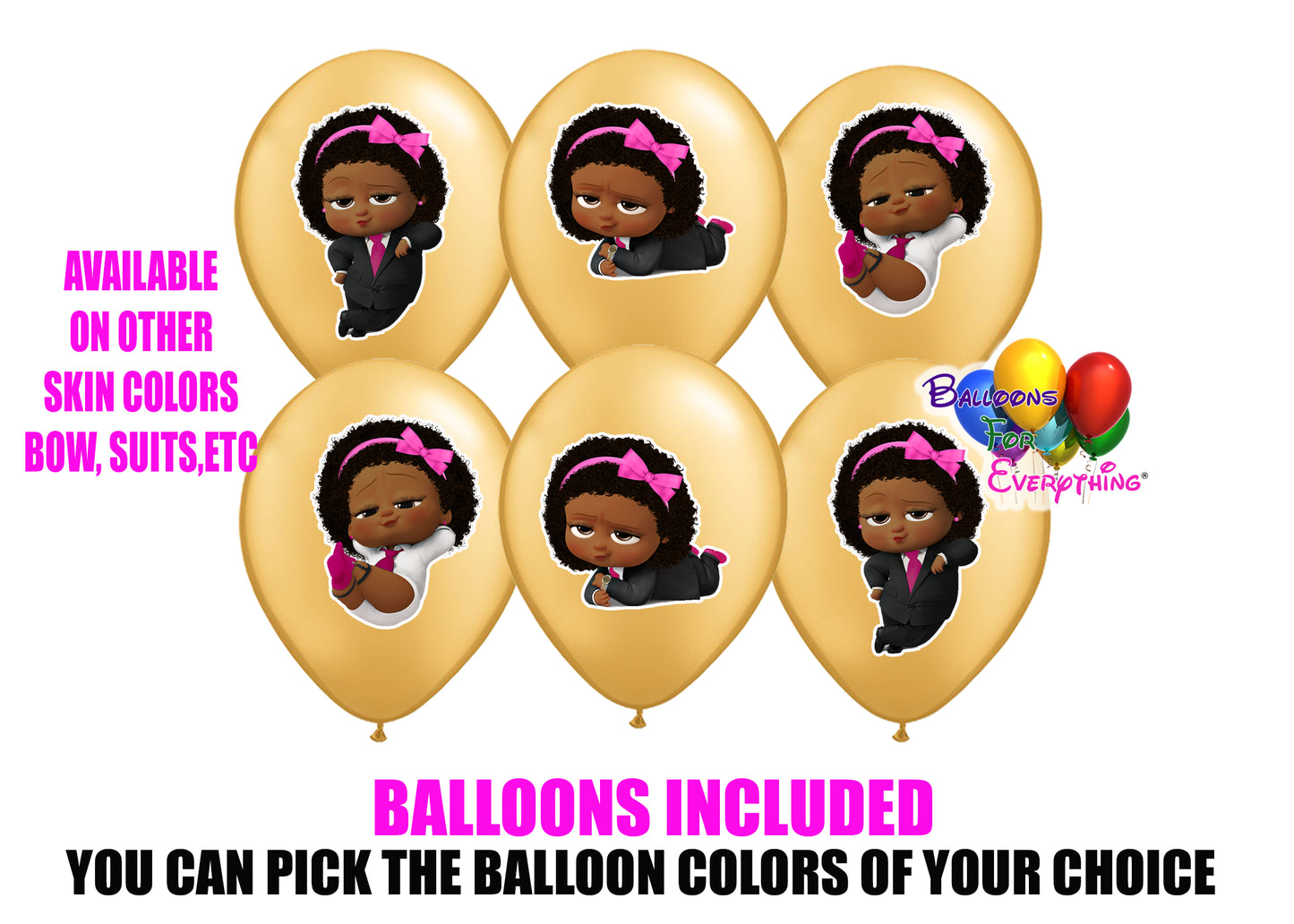 Dark skinned boss baby girl gold balloons