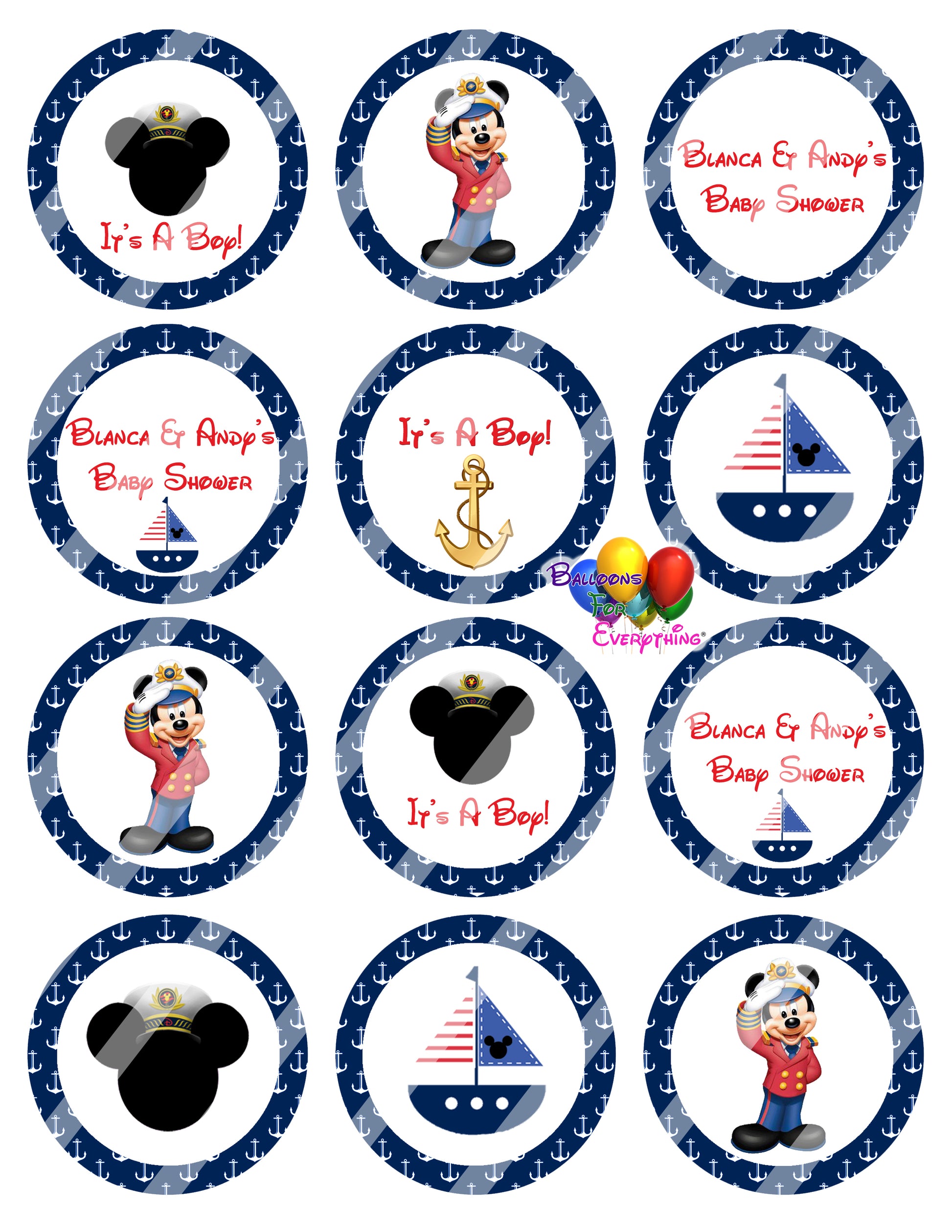 Nautical Mickey Mouse Sailor Baby Shower Cupcake Toppers