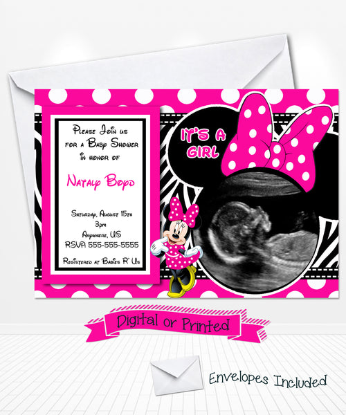 Hot Pink Minnie Mouse Baby shower invitations