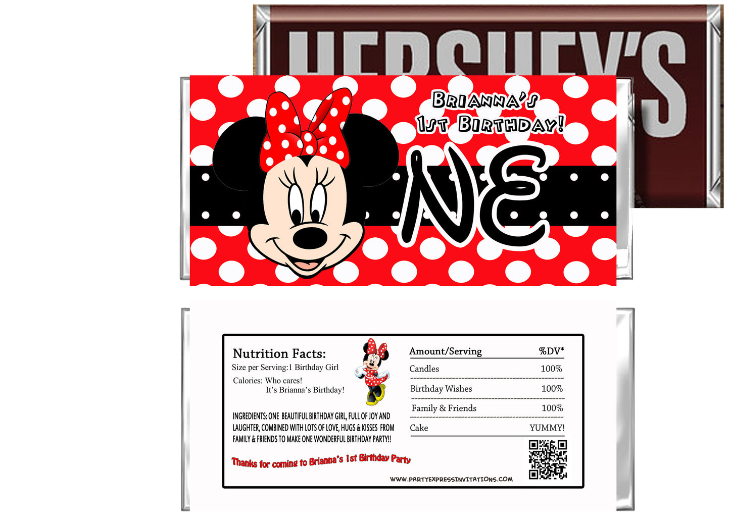 Red Minnie 1st Birthday Candy Bar Wrapper