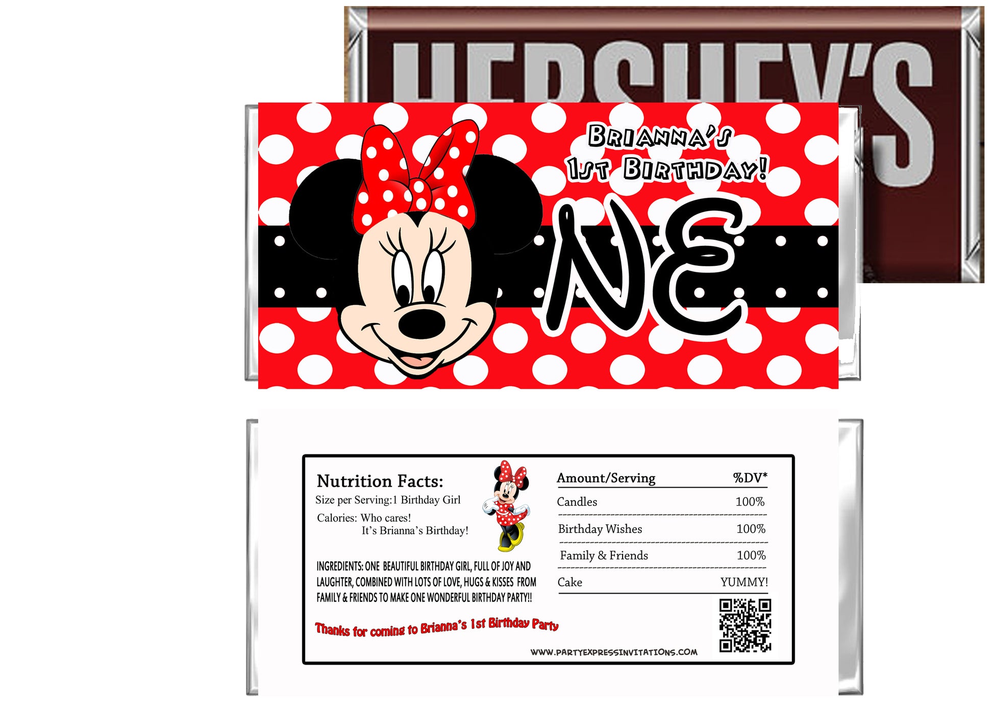 Red Minnie 1st Birthday Candy Bar Wrapper